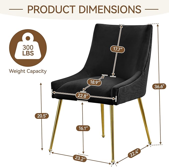Velvet Dining Chairs Set of 6 Gold LegsUpholstered Velvet Accent Chairs Pleated Back Design &amp Gold Pull Handle Mid Century Modern Chairs for Dining/Kitchen/Living RoomBlack