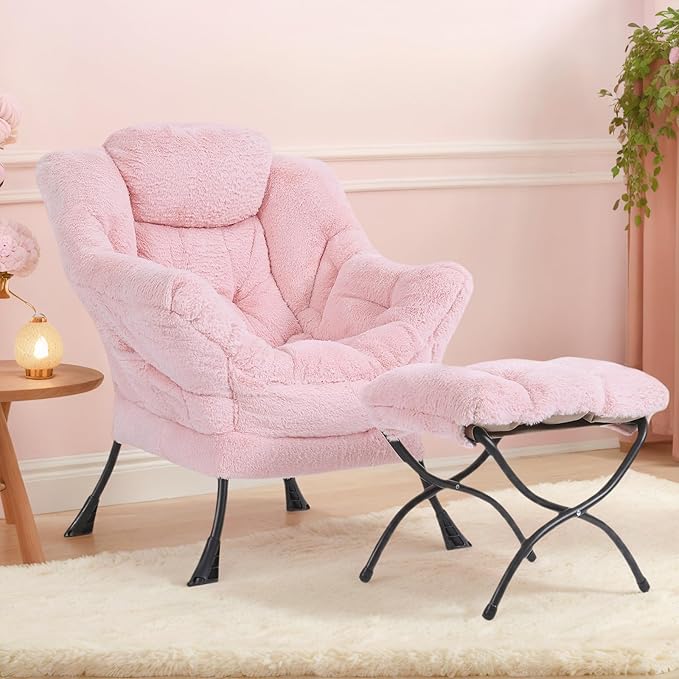 Tiita Lazy Chair with Ottoman Pink Modern Large Accent Chair Comfy Leisure Sofa Armchair with Ottoman Reading Chair with Footrest for Bedroom Living Room Dorm Rooms Plush Pink