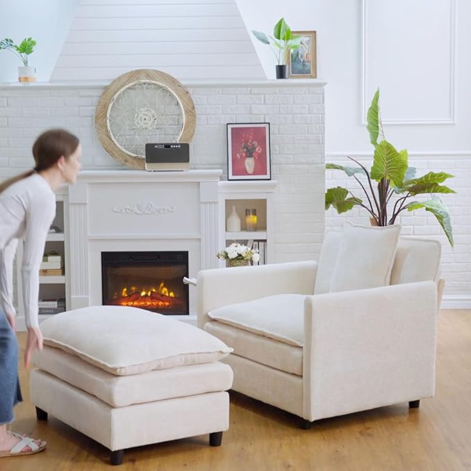 Oversized Accent Chair with Ottoman Beige Chenille Modern Cloud Chaise Lounge Chair Indoor with Deep Seat Upholstered Comfy Armchair Reading Chair for Bedroom Living Room Apartment