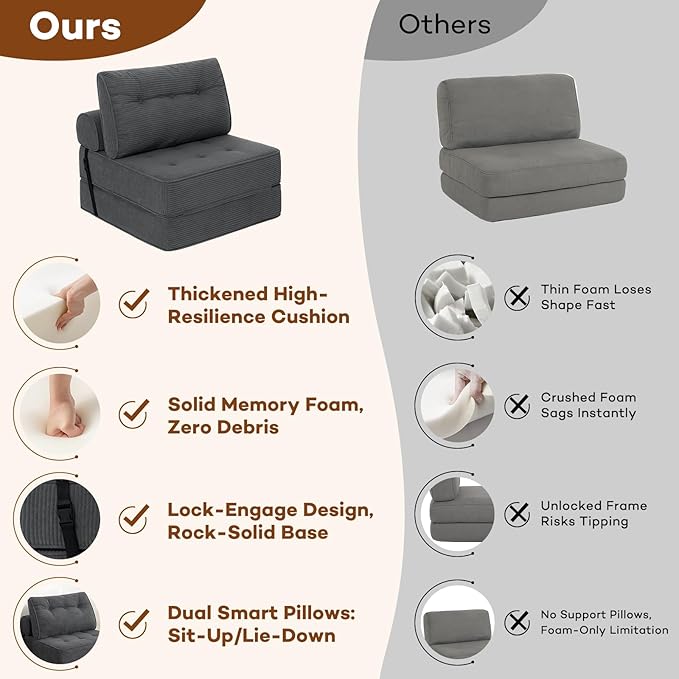 HOMMPA Folding Sofa Bed Convertible Sleeper Chair with Pillow Foldable Mattress with Back Support Portable Fold Out Sleeper Sofa Bed Floor Lounge Sofa for Living Room Home Office Single Size Dark Gray