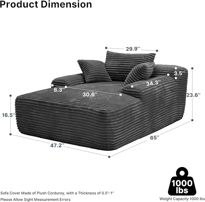65'' Chaise Lounge Chair Indoor Grey Plush Corduroy Cloud Couch Fluffy Oversized Sofa Bed for Bedroom Living Room Comfy Boneless Reading Longue Chair Sleeper Sofa No Assembly