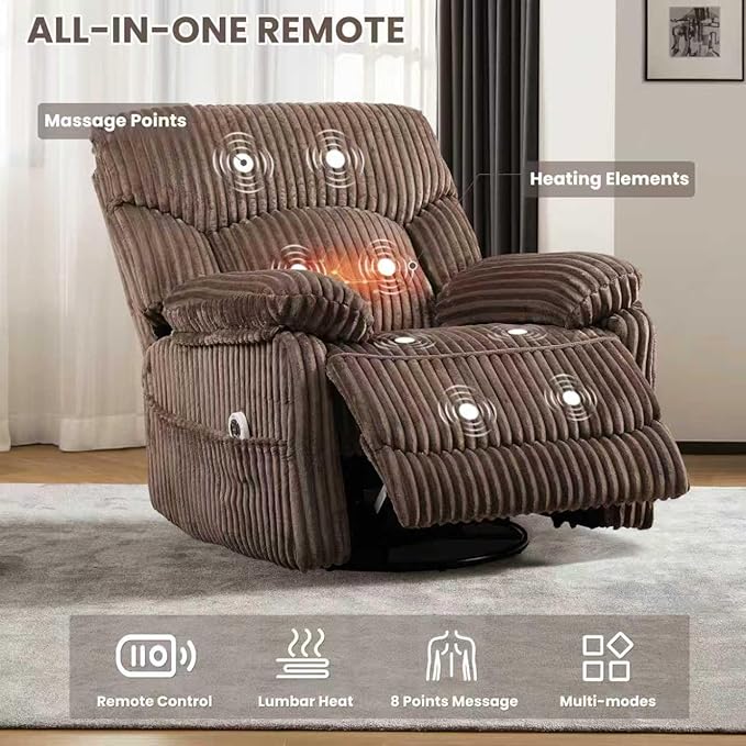 GRAINELL Swivel Rocker Recliner Chair with Massage and Heat USB Charging Port Infinite Position Power Recliner Electric Glider Rocking Chairs for Living Room Nursery (Brown)
