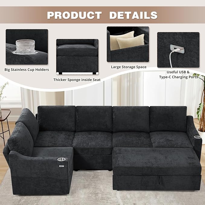 84 Chenille Modular Sleeper Sofa with Adjustable Backrests Convertible Corner Sofa with USB Ports L-Shape Sectional Couch with Pull-Out Bed &amp Storage Space for House Living Room Black