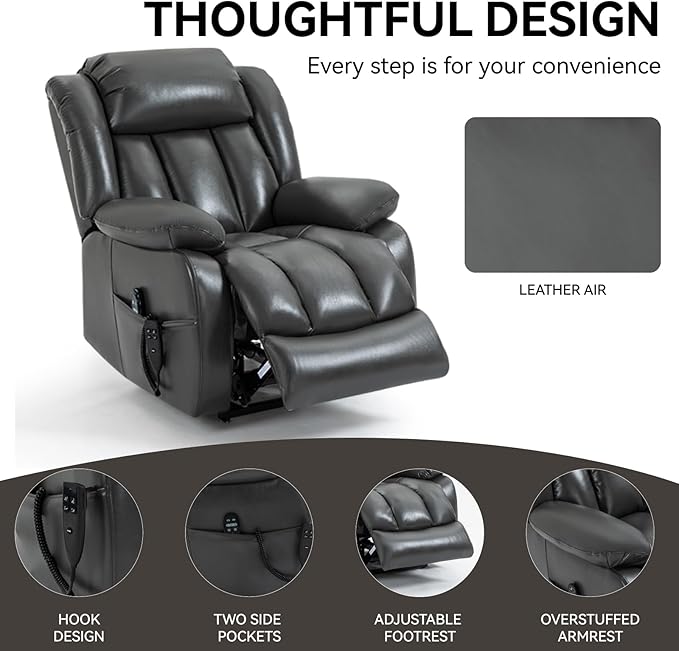 KEIKI Oversized Recliner Chair Electric Dual Motor Lift Leather Recliner for Elderly Synthetic Leather Upholstery with Infinite Position and Back Massager with Heat Rocking Lounge Chair Grey