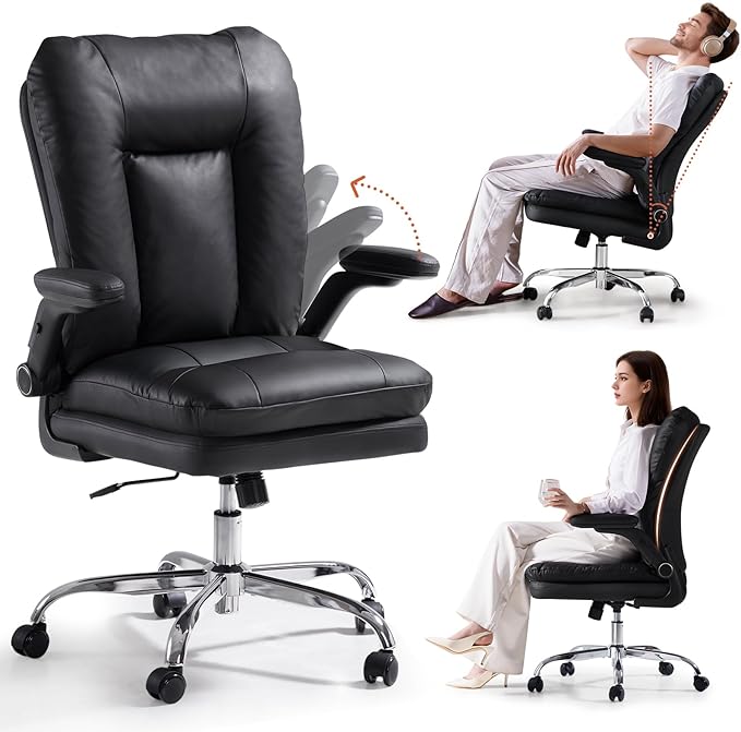 LEAGOO Comfy Office Chair with Padded Flip-up Arms Mid Back Executive Ergonomic Desk Chairs Faux Leather Computer Rolling Chair with Wheels for Home Adjustable Height 360 Swivel 300lbs Black