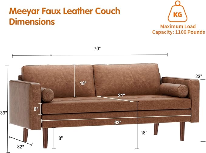 70 Mid-Century Modern Sofa Couch – Faux Leather Loveseat Sofa with Deep Seat &amp Solid Wood Frame – Includes 2 Accent Pillows – Brown Living Room Bedroom Office | Faux Leather Easy to Clean High