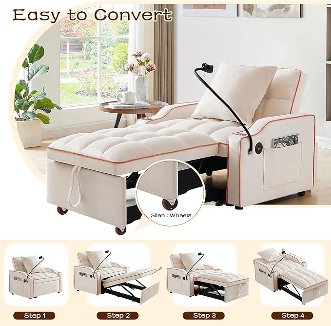 KINFFICT Sleeper Sofa Chair Bed Convertible 3-in-1 Sofa Armchair Adjustable Sleeper Chairs with Pullout Bed Single Lounger Futon Chairs with Side Pockets for Living Room (Beige)