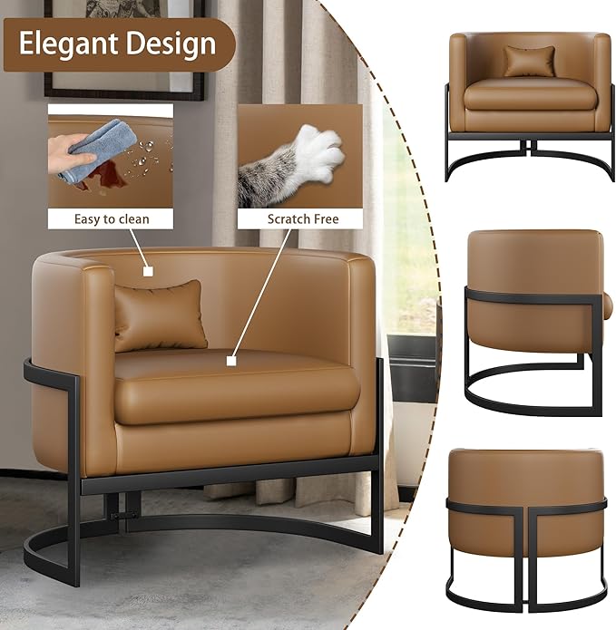 Alunaune Upholstered Modern Living Room Chairs Barrel Accent Chair Faux Leather Armchair Mid Century Lounge Chair Anti Scratch Sofa Tub Bucket Club Side Chair for Bedroom-Brown