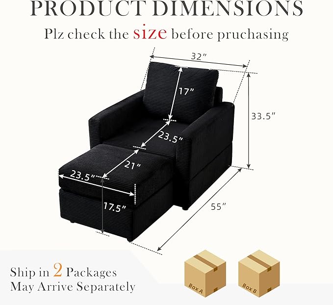 Aoiy &amp Wifon Accent Chair with Ottoman Upholstered Reading Chair with Ottoman Comfy Armchair with Wooden Legs Corduroy Black