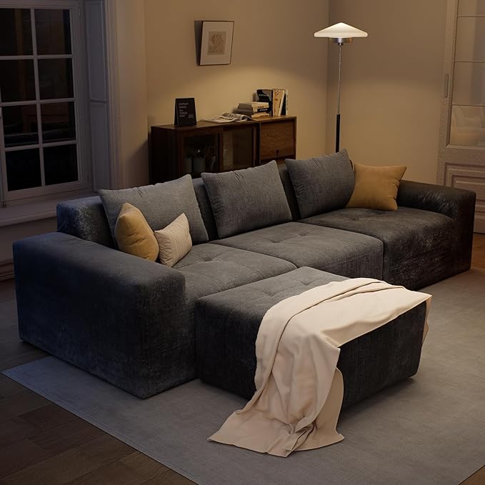 Maupvit 108 Modular Sectional Sofa Modern Cloud Couch L-Shaped Convertible Sleeper Sofa Bed with Movable Ottoman Deep Seat Boneless Comfy 3 Seater Couches for Living Room Grey | Breathable materia