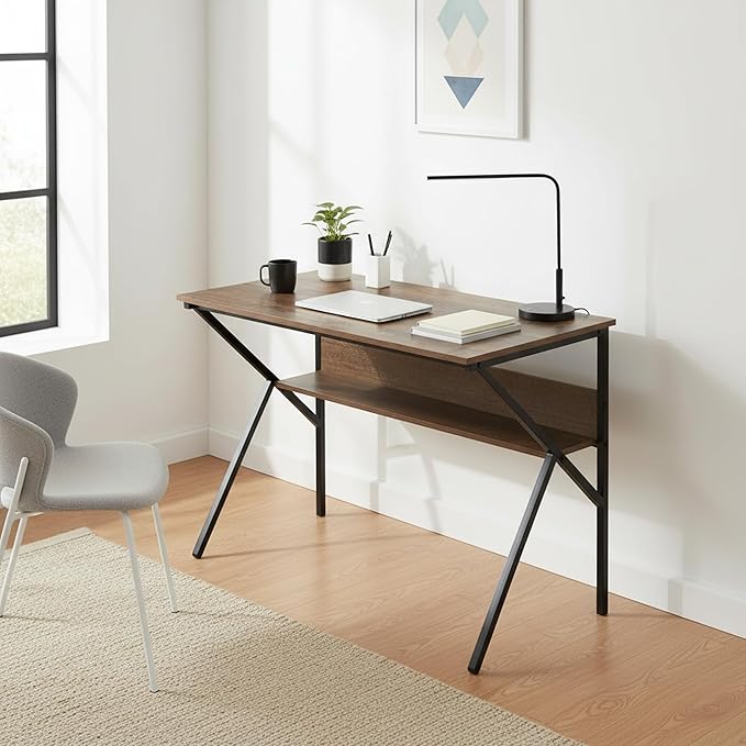 Homy Casa Industrial Computer Desk with Storage Shelf 39.4 Writing Table with X-Frame Metal Legs Retro Wood Grain Finish Home Office Workstation