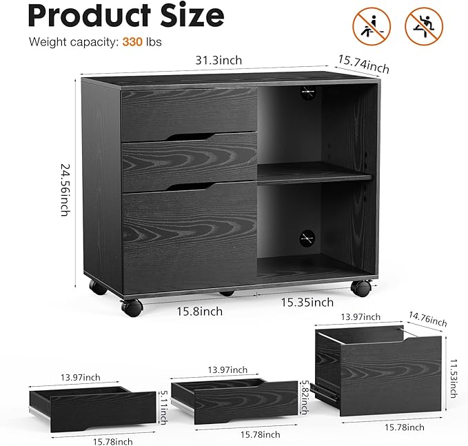 File Cabinet with 3 Drawers Mobile Lateral Filing Cabinet with Open Storage Shelves for Home Office Under Desk Storage Black