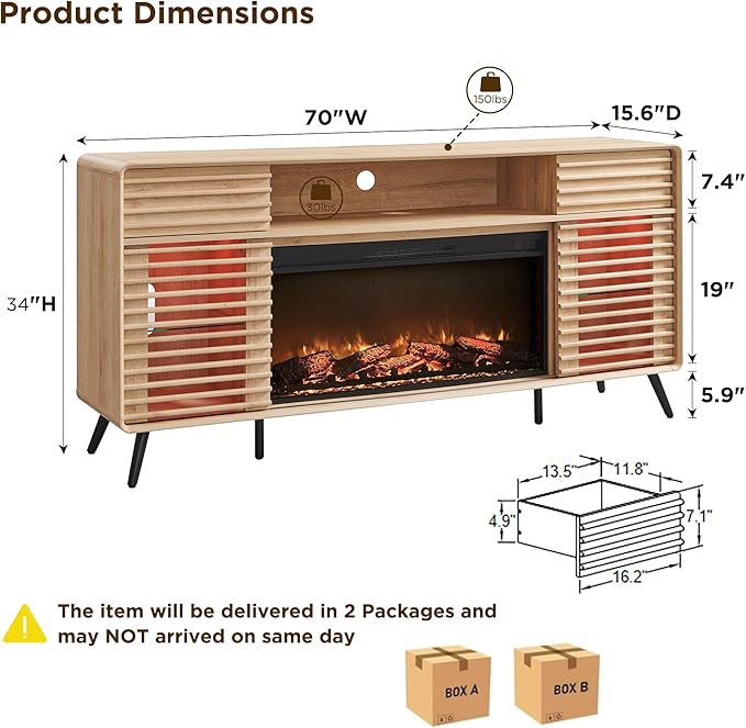 RedLemon Fireplace TV Stand for 80 Inch TV Mid Century Modern Entertainment Center with 36 Electric Fireplace &amp Led Lights Wood Media Console w/Slatted Sliding Doors for Living Room Natural Oa