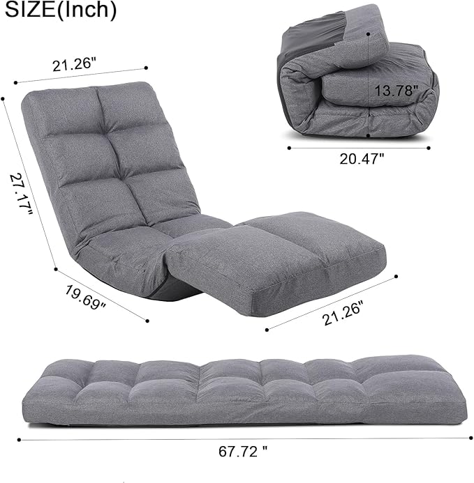 Floor Recliner with Adjustable Footrest - 14-Position Backrest &amp 5-Level Footrest for Ultimate Relaxation Foldable Linen Chaise Lounge Chair for Living Room (Grey)