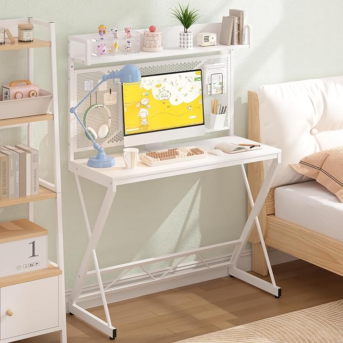 Elephance Small Gaming Desk with Pegboard 39 Inch Computer Desk with Storage Shelves Modern Office Desk for Study Work Home Office Small Spaces White