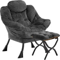 Lazy Chair with Folding OttomanLeisure Sofa ChairSoft Fabric Armchair with Armrests and Side Pockets Reading Chair with Footrest for Living Room Bedroom Office (Plush Dark Grey)