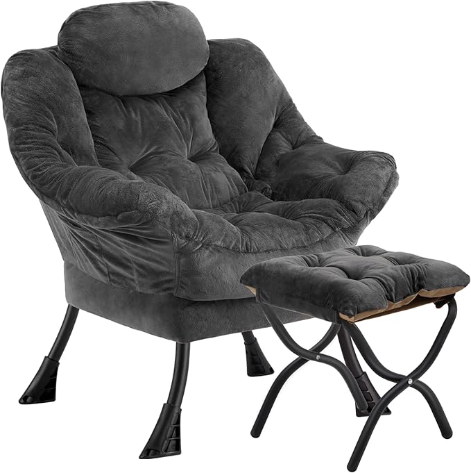 Lazy Chair with Folding OttomanLeisure Sofa ChairSoft Fabric Armchair with Armrests and Side Pockets Reading Chair with Footrest for Living Room Bedroom Office (Plush Dark Grey)