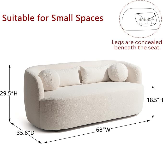 KINWELL 68-Inches Boucle Upholstered Loveseat 2 Deeper Seat Sherpa Sofa Couch with 4 Toss Pillows for Small Spaces Apartment Living Room Beige
