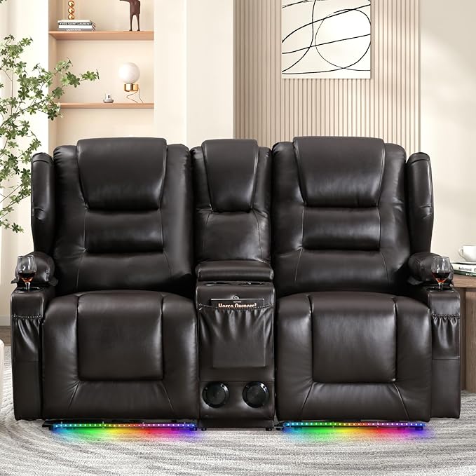 Loveseat Power Recliner Sofa Couch Electric Reclining Sofa Chair for Living Room with Multi-Function Console/Cup Holders/LED Ambient Light