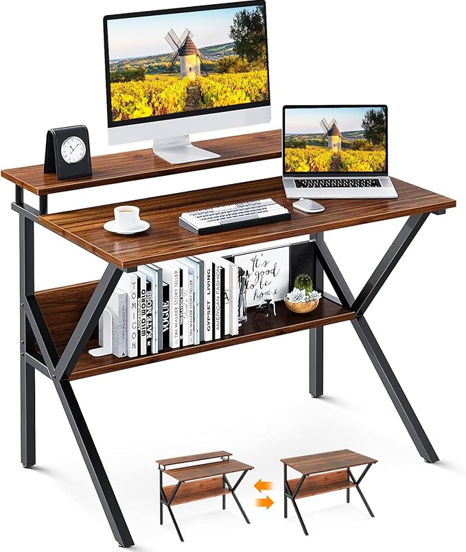 ODK Small Desk 27.5 Inch Computer Desk for Small Spaces Kids Desk with Storage Study Table with Monitor Stand for Homeschool Deep Brown