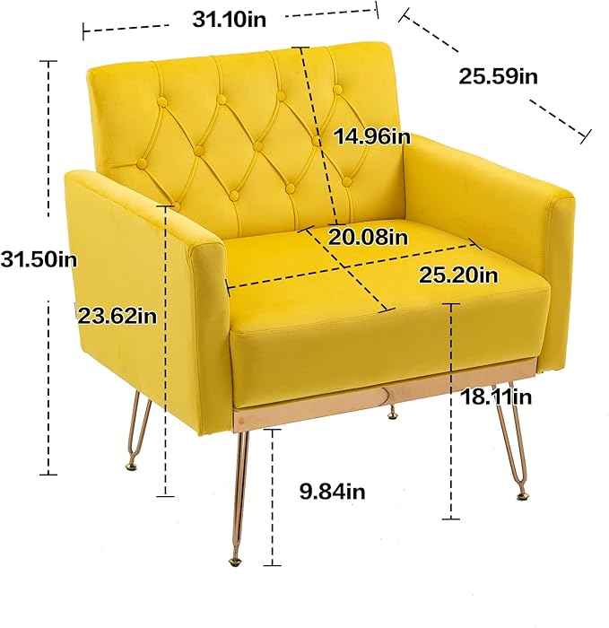 Velvet Accent Chair Upholstered Living Room Accent Armchair Leisure Single Chairs with Rose Golden feet Tufted Sofa Chairs for Home Office Living Room Bedroom Small Space (Mustard)