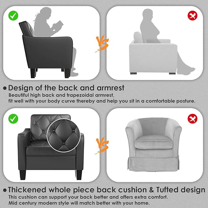 STHOUYN Living Room Arm Chairs Black Faux Leather Accent Chair Waiting Room Chairs Office Reading Chair for Guest (1 Black)