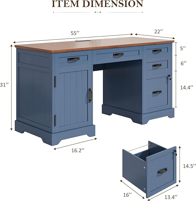 Whalefall 55'' Farmhouse Desk Home Office with Drawers Executive Computer Desk Wooden with File Cabinet and Charging Station Blue