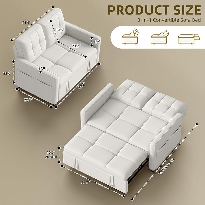 YITAHOME 55 Convertible Sofa Bed 3-in-1 Sleeper Sofa with Iron Frame Pull-Out Bed Linen Futon Couch with Reclining Backrest and Side Pocket Modern Loveseat for Living Room Bedroom Apartment Beige