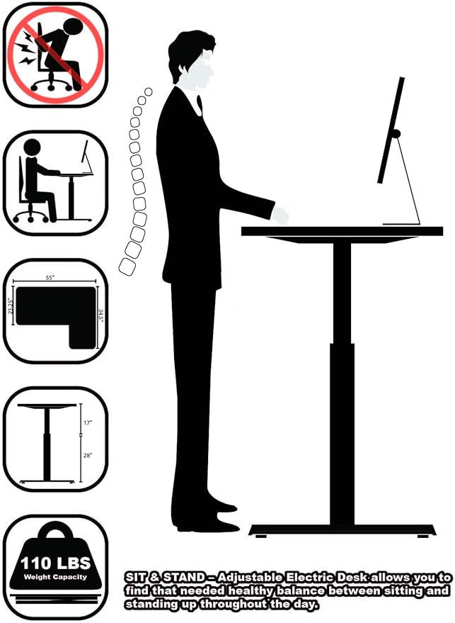 SHW 55-Inch Large Electric Height Adjustable L-Shaped Standing Desk with Right Facing Corner Black