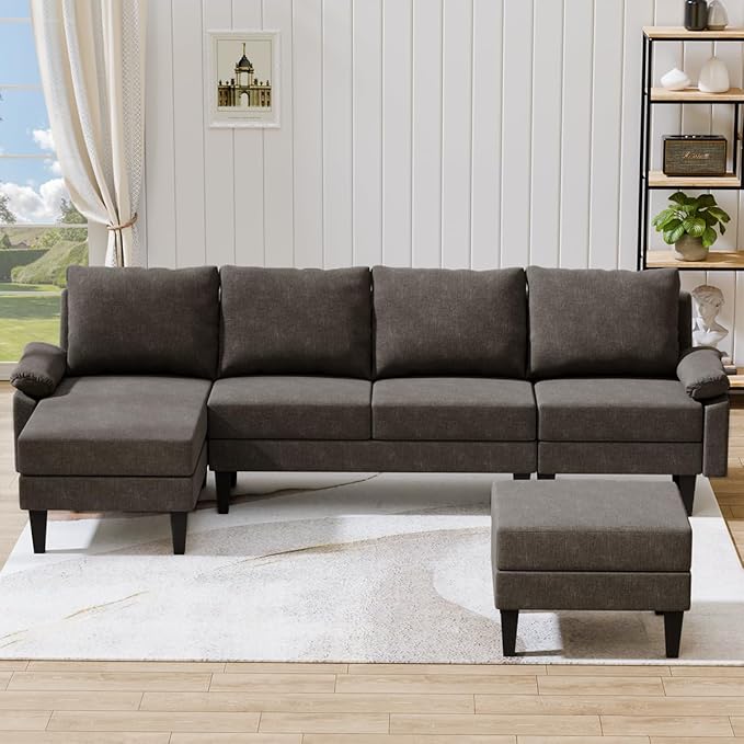 115 Inch Modular Sectional Sofa with Storage Ottoman Modern L-Shaped Sectional Couch with Chaise Chenille Couch for Living Room Apartment or Small Spaces Brown