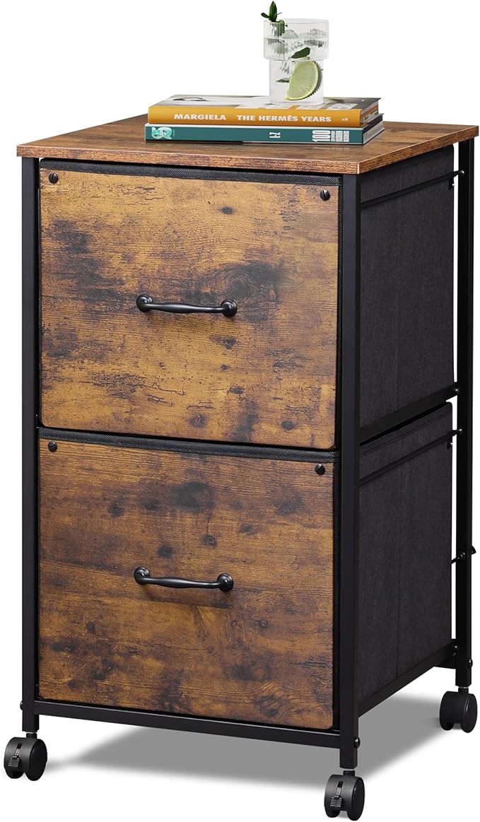 DEVAISE 2 Drawer Mobile File Cabinet Rolling Printer Stand Fabric Vertical Filing Cabinet fits A4 or Letter Size for Home Office Rustic Brown Wood Grain Print