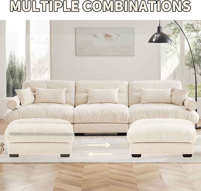Ottoman for Large Sectional Couches for Living Room Cloud Modern Modular Deep Seat Sofa Set Comfy Couches Velvet Sofá para Sala Bedroom Apartment Beige