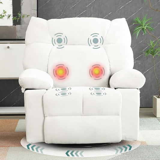 Power Swivel Rocker Recliner Chair Oversized for Adults Electric Heated &amp Massage Chair Recliner with USB/Type-C Fabric Nursery Recliner for Living RoomBedroom White