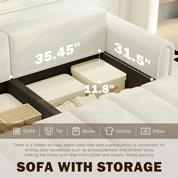 3-in-1 Convertible Sleeper Sofa Bed King Size Pull Out Sofa Bed with Hidden Seat Storage 90 Comfy Teddy Fabric 4-Seater Couch for Living Room Office Apartment (White)