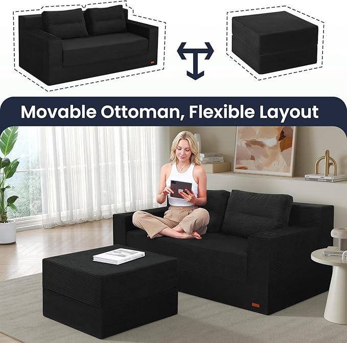 COMAX Futon Sofa Bed Boneless Loveseat Couch in A Box 67 L-Shaped Convertible Sofa Bed Corduroy for Living Room Fold Out Small Foldable Loveseat Foam with Movable Ottoman Floor Sleeper Black