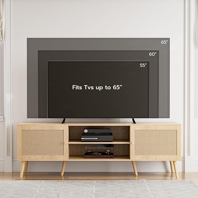 TV Stand for TVs up to 65'' Entertainment Center With Rattan Door Shelves &amp 2 Cabinets Long Boho Media Console for Living Room Natural