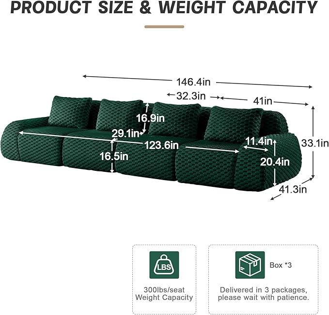 Cloud Sectional Couches for Living Room Boneless Couch Modular Sectional Sofa Modern Deep Seat Sofa with Pillows 4 Seater Comfy Floor Couch for Bedroom No Assembly RequiredGreen