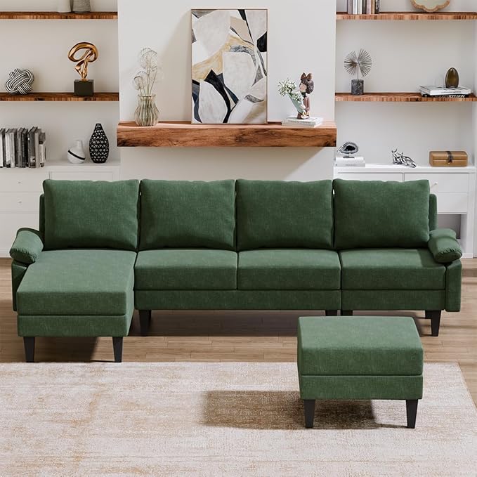 115 Inch Modular Sectional Sofa with Storage Ottoman Modern L-Shaped Sectional Couch with Chaise Chenille Couch for Living Room Apartment or Small Spaces Green