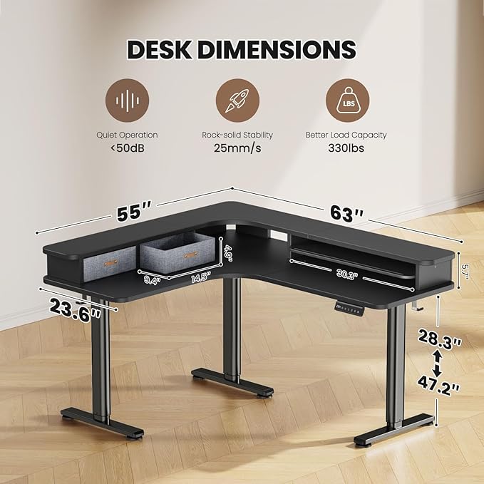 Flycity Electric L Shaped Standing Desk with Drawers 63 x 55 Corner Standing Desk Adjustable Height Stand Up Home Office Desk Dual Motor Sit Stand Desk with 3 Memory Preset &amp Lock Black