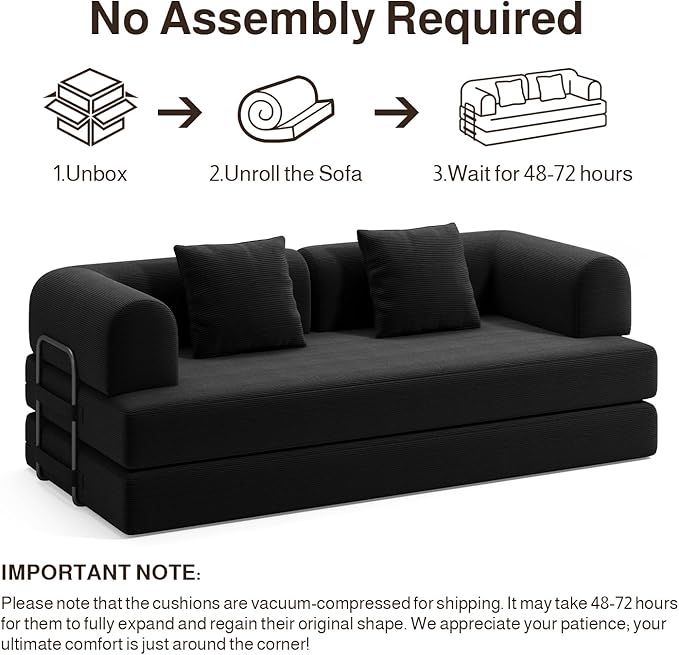 Ahomly 78.8'' Convertible Sofa Bed5-in-1 Boneless Couch with Removable ArmrestsFolding Futon Sofa Bed Includes 2 PillowsComfy Pull Out Couch for Living RoomNo Assembly RequiredBlack