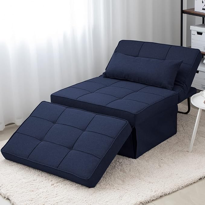 BIGSYY Sofa Bed Set of 4 in 1 Multi-Function Folding Ottoman Breathable Linen Couch Bed with Adjustable Backrest Modern Convertible Chair for Living Room Apartment Office Blue