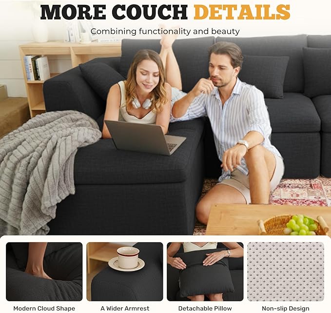 Loveseat Sofa Cloud Boneless Couches for Living Room 2 Seater Modular Sectional SofaOversizedBlack Chenille