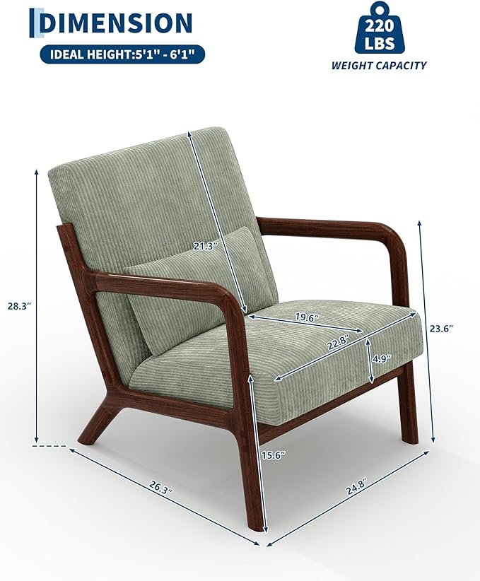 GarveeHome Mid-Century Accent Chair Cozy Wide-Wale Corduroy Reading and Lounge Armchair with Lumbar Pillow Modern Wood Frame for Living Room Bedroom Office Green