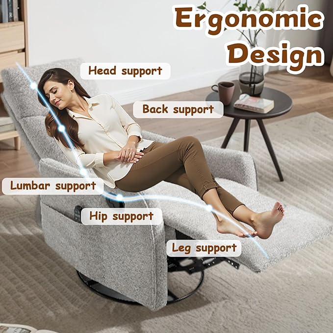 Massage Recliner Chair with Heat Slim Recliners for for Adults Swivel Rocking Chair Recliner with High Back Small Recliner Chair for Small Spaces Living Room Adjustable Footrest (Light Grey)