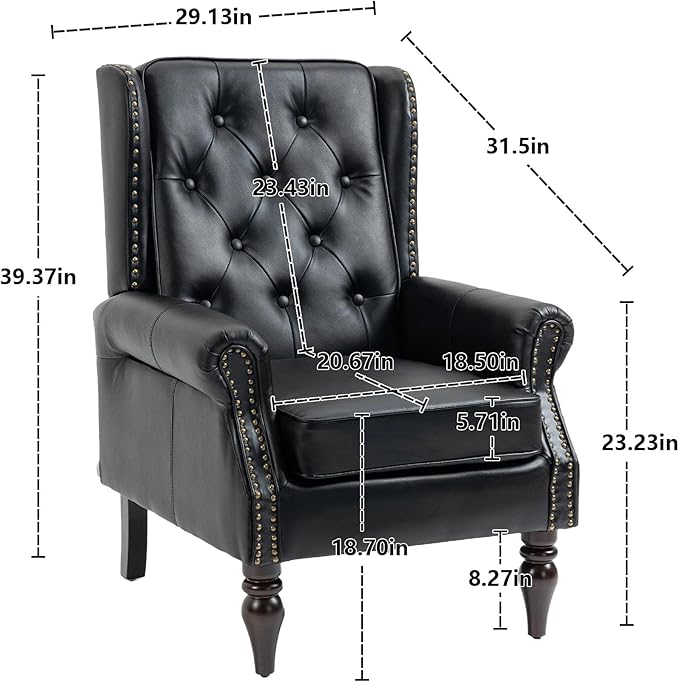 Brown Leather Accent Chair with High Back Vintage Tufted Wingback Chair with Arms &amp Rivet Upholstered Armchair &amp Single Sofa Chairs for Living Room Bedroom Office Apartment (Black)