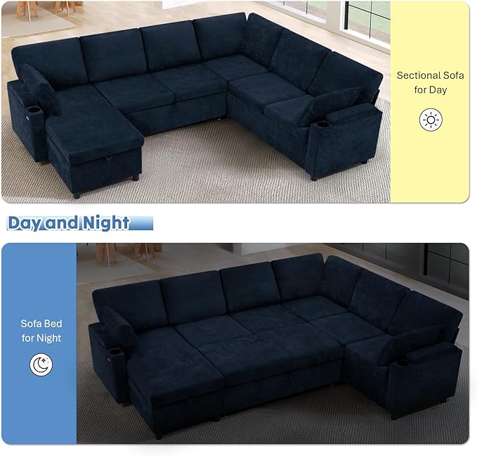 110” Chenille Reversible Sectional Sofa w/Pull Out Bed &amp Storage Chaise U Shaped Couch w/Storage Armrests &amp Cup HoldersCorner Sofa w/USB Charging Port &amp Throw Pillow for Living Room Blu