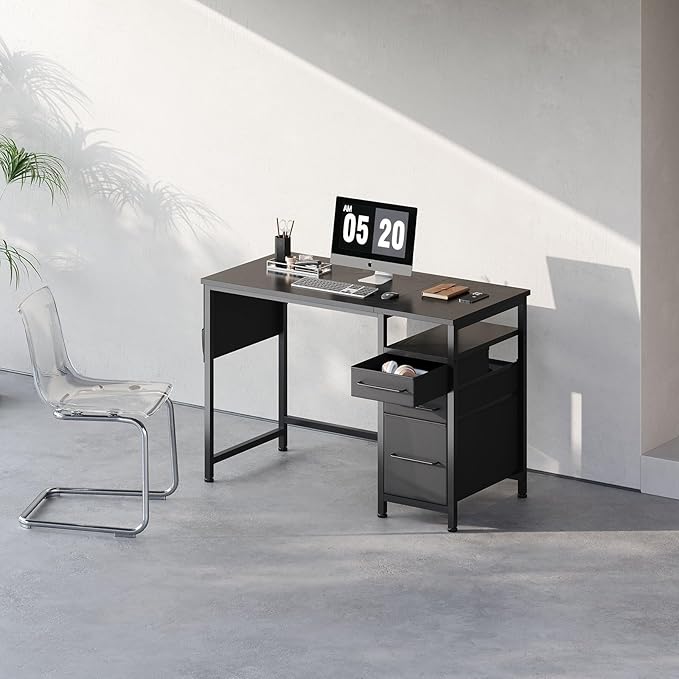 Ｍａｉｈａｉｌ Maihail Small Desk with Drawers 40 inch Computer Desk with Shelves Writing Desk with Storage Small Office Desk with Metal Frame Black