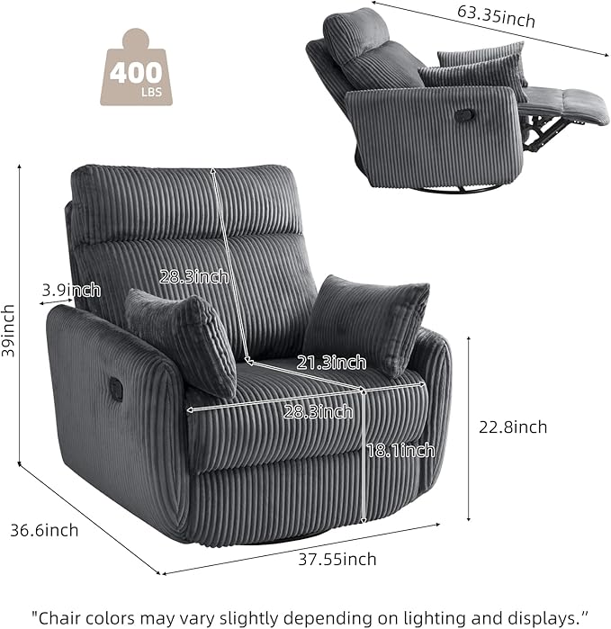 Swivel Recliner Chair for Adults Corduroy Nursery Glider Rocking Chair Armchair with 2 Pillows Comfy High Back Reclining for Small Spaces Nursery Bedroom Living Room (Corduroy Gray 1 Pack)