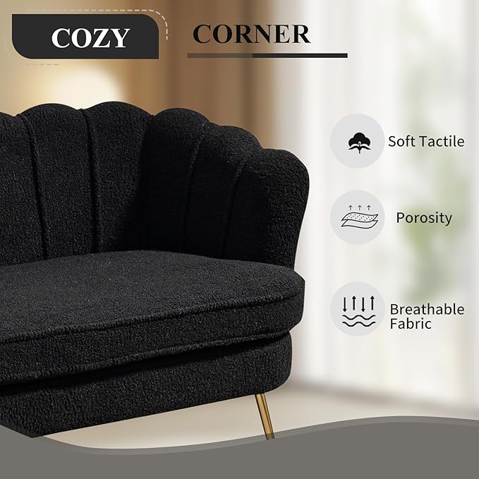59 Wide Loveseat Sofa Boucle Upholstered Small Couch with Petal-Shaped Design Modern Leisure Sofa with Gold Metal Legs Mini Room Couch for Bedroom Apartment (Black-Boucle)