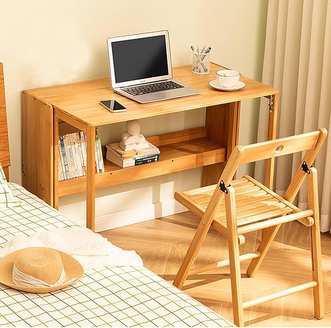 Modern Folding Desk Small Computer Table Writing Desk Laptop Desk Vanity Table Bamboo Workstation with Bookshelf for Home Office